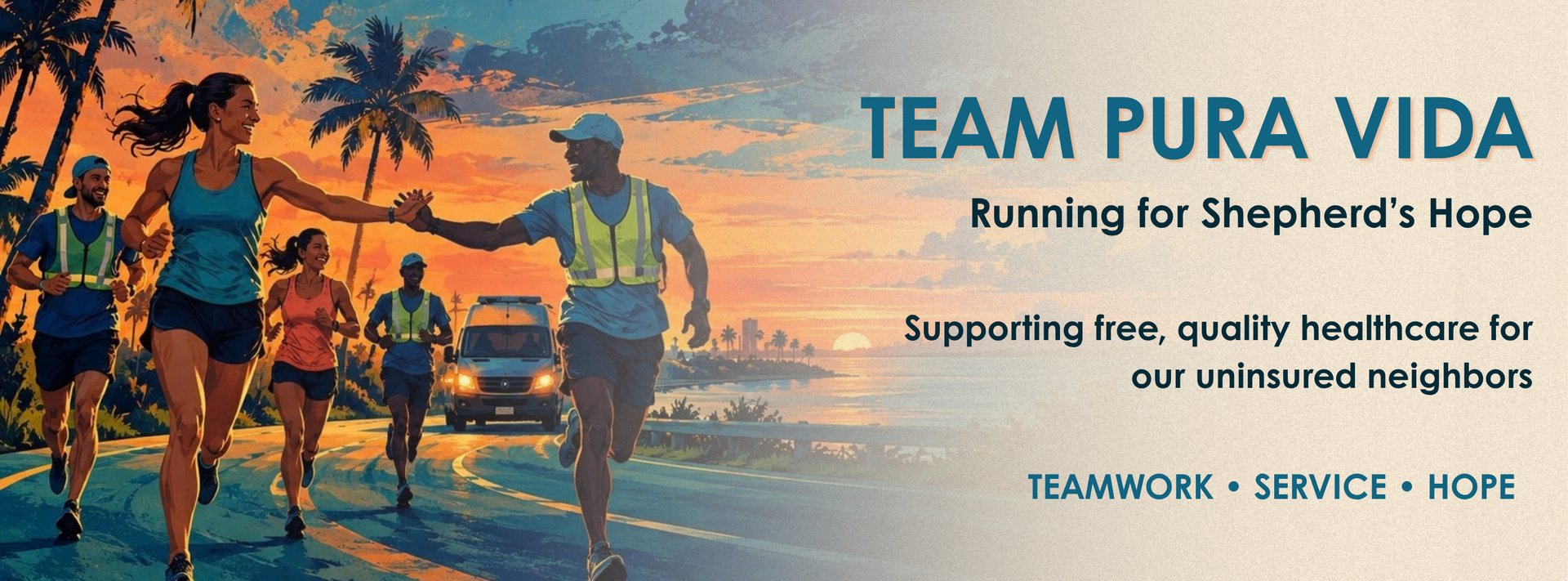 Team Pura Vida runners at sunrise, running for Shepherd's Hope